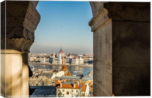 View of Budapest Parliament from the Fishermen's Bastion Canvas Print by Sergio Falzone
