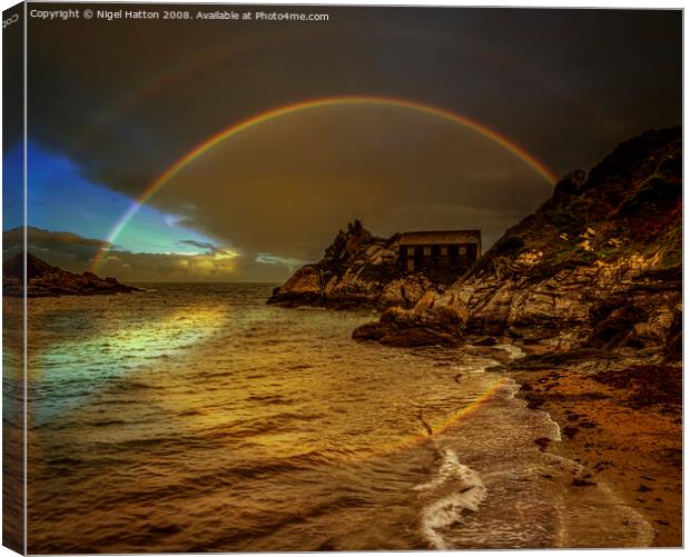 Rainbow Over Polperro Canvas Print by Nigel Hatton