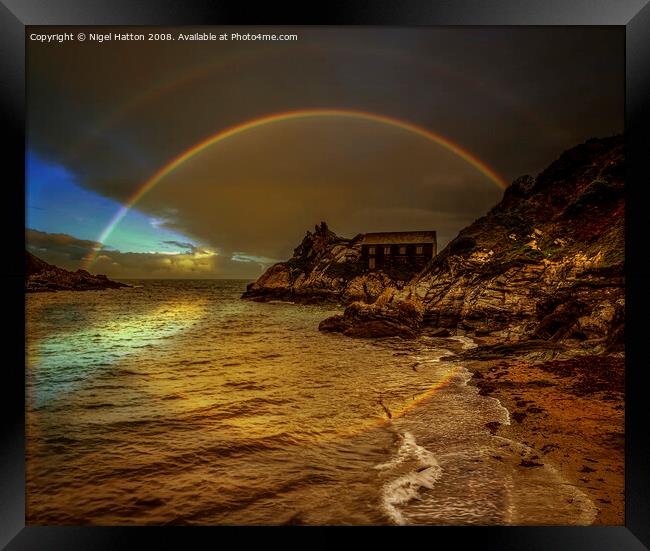 Rainbow Over Polperro Framed Print by Nigel Hatton