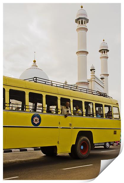 bus and mosque Print by Hassan Najmy