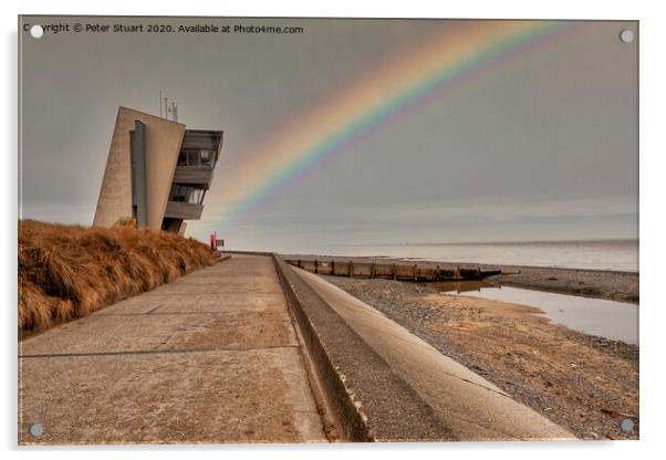 Rainbow at Rossall Beach and Watch Tower at Fleetwood, Lancashire Acrylic by Peter Stuart