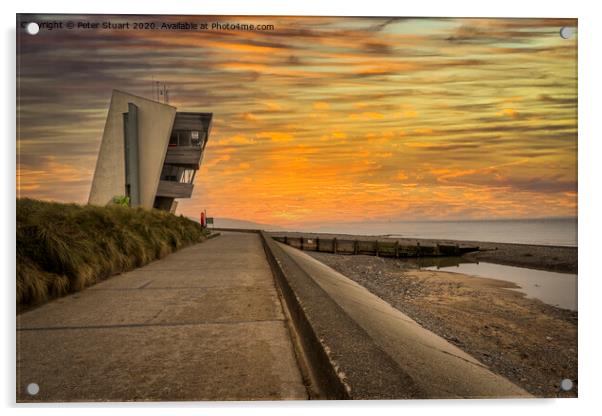 Sunset at Rossall Beach and Watch Tower at Fleetwood, Lancashire Acrylic by Peter Stuart