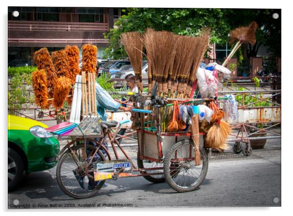 Mobile street vendor selling brushes from a pedal tricycle in central Bangkok. Acrylic by Peter Bolton