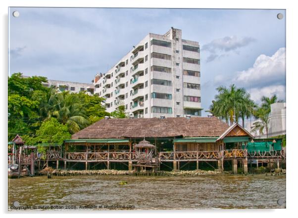 Traditional  house and modern apartment block on the Chao Phraya River, Bangkok, Thailand. Acrylic by Peter Bolton