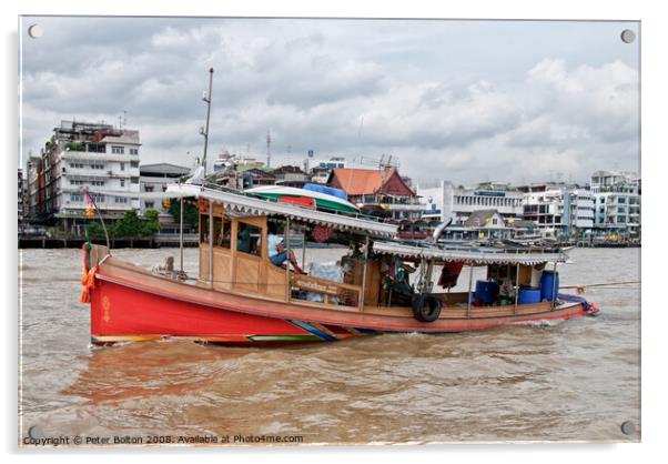 A tourist excursion boat on the Chao Phraya river, Bangkok, Thailand. Acrylic by Peter Bolton
