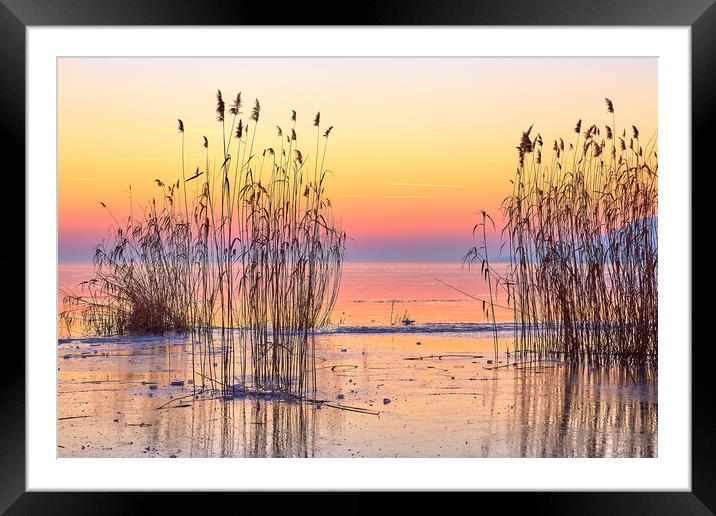 Winter sunset over the lake Balaton of Hungary Framed Mounted Print by Arpad Radoczy