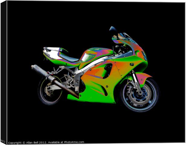 Solarised Green Motorbike on Black Background Canvas Print by Allan Bell