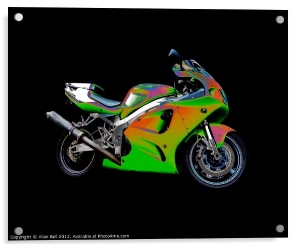 Solarised Green Motorbike on Black Background Acrylic by Allan Bell