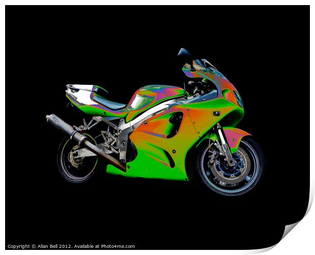 Solarised Green Motorbike on Black Background Print by Allan Bell