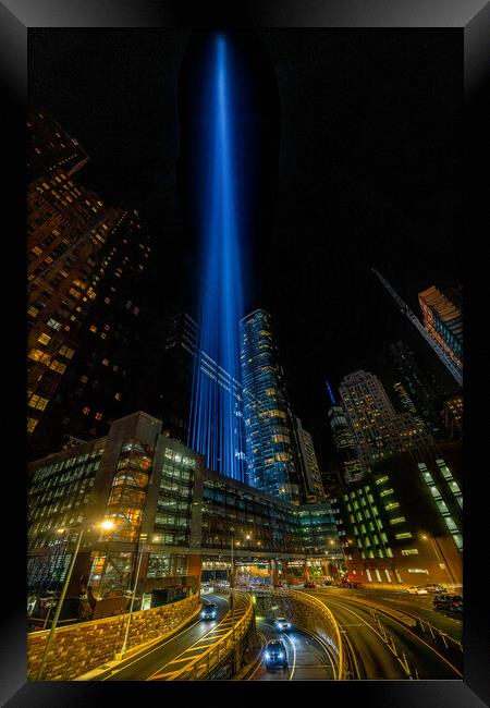 Nine Eleven WTC Memorial Lights, New York City Framed Print by Chris Lord