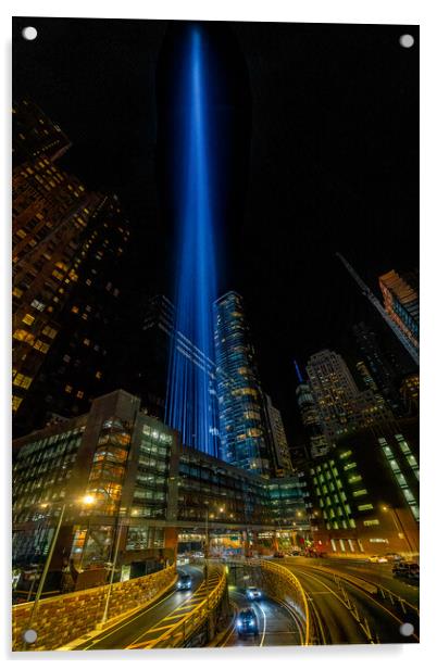 Nine Eleven WTC Memorial Lights, New York City Acrylic by Chris Lord