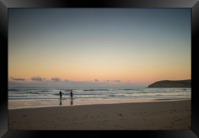 Croyde surfers at sunrise Framed Print by Tony Twyman