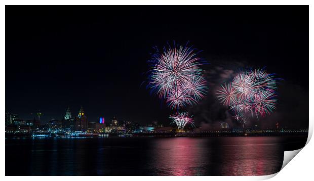 Colourful fireworks above the Liverpool skyline Print by Jason Wells