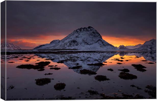 Lofoten Islands and the peak of Maltiden at sunset Canvas Print by Simon Booth