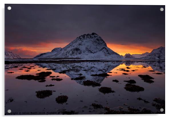 Lofoten Islands and the peak of Maltiden at sunset Acrylic by Simon Booth