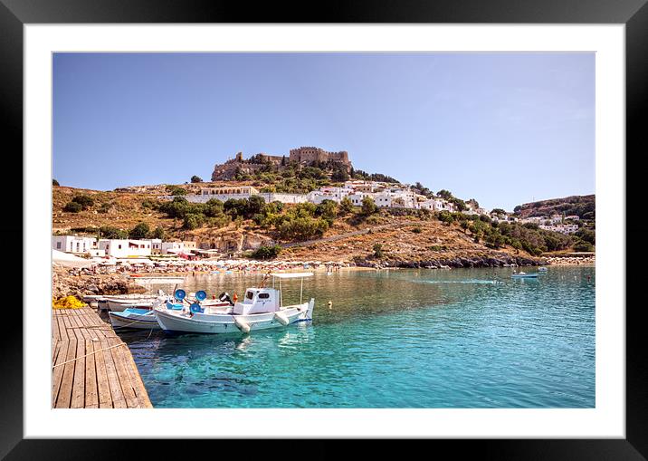 Lindos Rhodes Beach and Acropolis Framed Mounted Print by Mike Gorton