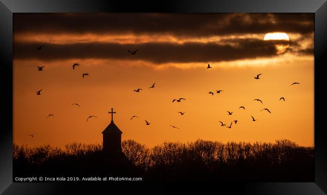 Sunrise And Birds Over The Church Spire Framed Print by Inca Kala