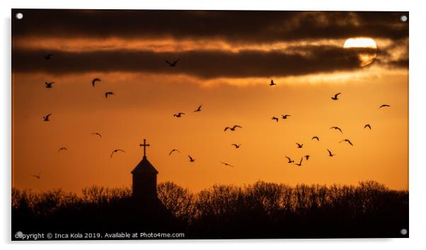 Sunrise And Birds Over The Church Spire Acrylic by Inca Kala