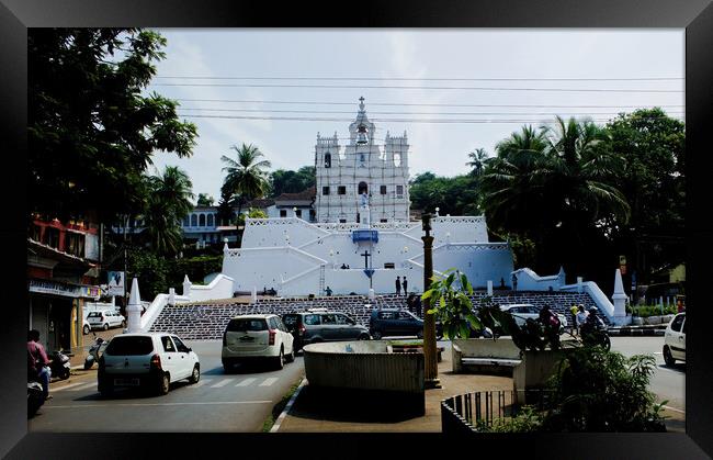 Goa, India - October 25, 2018: Church of Our Lady of Immaculate Conception located in Panjim against clear blue sky Framed Print by Arpan Bhatia