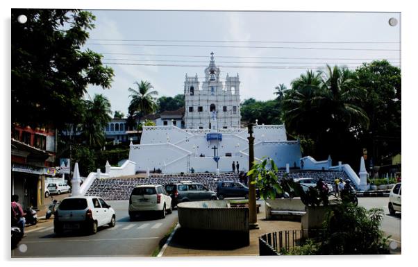 Goa, India - October 25, 2018: Church of Our Lady of Immaculate Conception located in Panjim against clear blue sky Acrylic by Arpan Bhatia