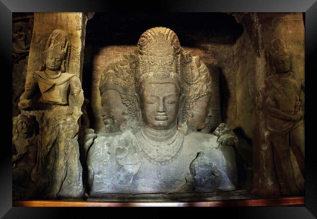 Mumbai, India - October 23, 2018: Interior of a Trimurti sculpture of Elephanta cave, late Gupta dating from between the 9th and 11th centuries, UNESCO World Heritage Site Framed Print by Arpan Bhatia