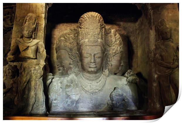 Mumbai, India - October 23, 2018: Interior of a Trimurti sculpture of Elephanta cave, late Gupta dating from between the 9th and 11th centuries, UNESCO World Heritage Site Print by Arpan Bhatia