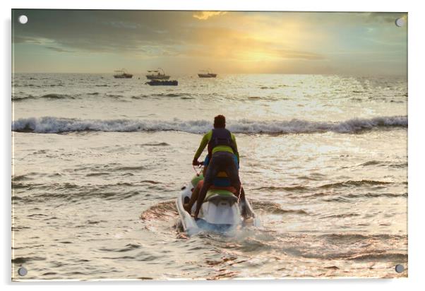 Goa, India - October 25, 2018: A jet ski moving swiftly against waves towards sunset in an arabian sea. Water sports adventure in Goa Acrylic by Arpan Bhatia