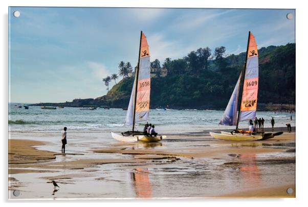 Goa, India - October 25, 2018: Sailing boat kept on a seashore beach with it's reflection on water during evening. Commercial beach of Goa. Acrylic by Arpan Bhatia