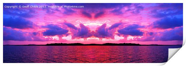 Pink cloudy sunset over water. Print by Geoff Childs