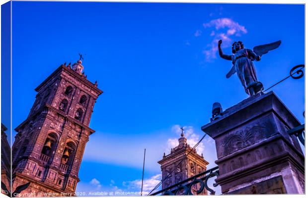 Towers Facade Angels Outside Sunset Puebla Cathedral Mexico Canvas Print by William Perry