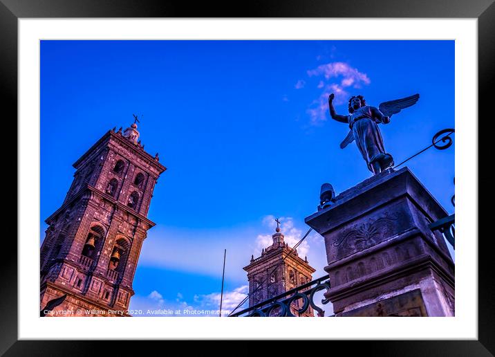Towers Facade Angels Outside Sunset Puebla Cathedral Mexico Framed Mounted Print by William Perry