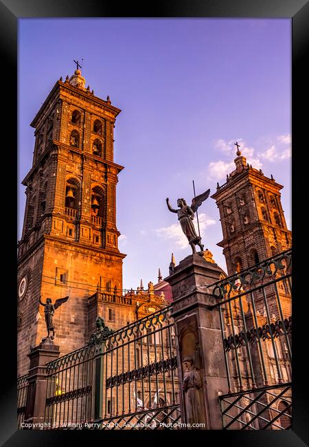 Towers Facade Angels Outside Sunset Puebla Cathedral Mexico Framed Print by William Perry
