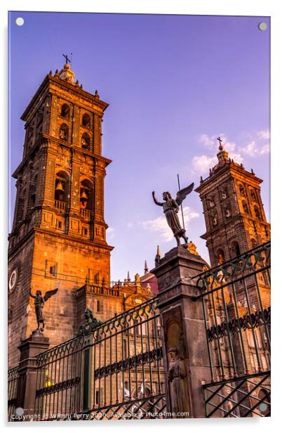 Towers Facade Angels Outside Sunset Puebla Cathedral Mexico Acrylic by William Perry