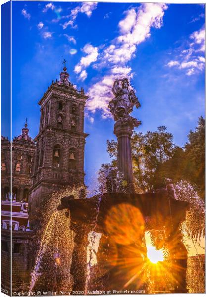 Arcangel Fountain Zocalo Park Plaza Cathedral Sunset Puebla Mexi Canvas Print by William Perry