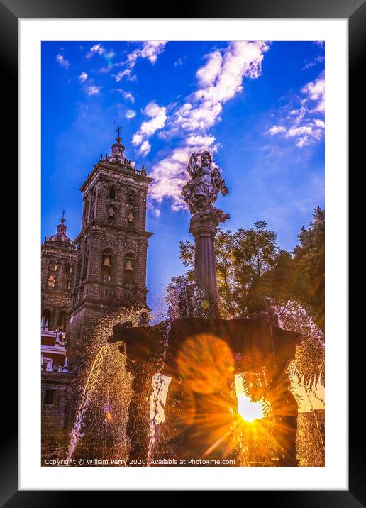 Arcangel Fountain Zocalo Park Plaza Cathedral Sunset Puebla Mexi Framed Mounted Print by William Perry