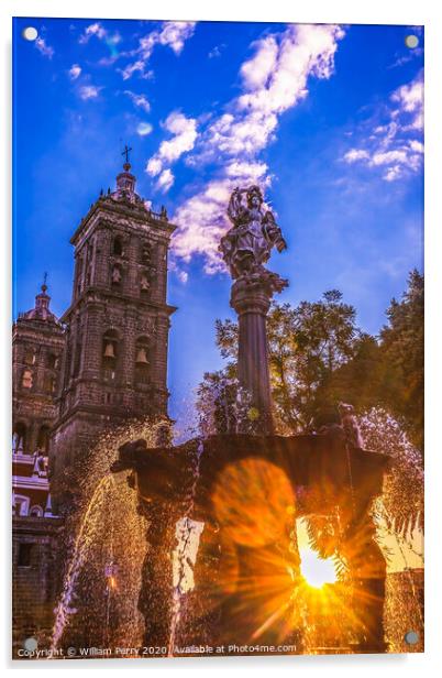Arcangel Fountain Zocalo Park Plaza Cathedral Sunset Puebla Mexi Acrylic by William Perry
