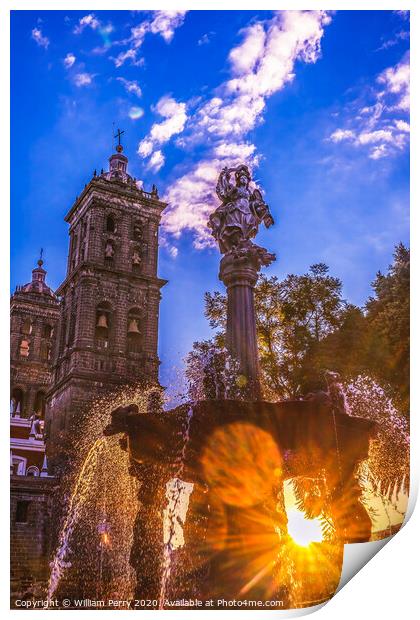 Arcangel Fountain Zocalo Park Plaza Cathedral Sunset Puebla Mexi Print by William Perry