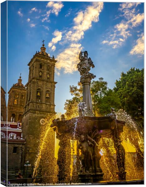 Arcangel Fountain Zocalo Park Plaza Cathedral Sunset Puebla Mexi Canvas Print by William Perry