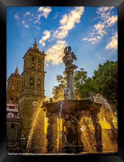 Arcangel Fountain Zocalo Park Plaza Cathedral Sunset Puebla Mexi Framed Print by William Perry
