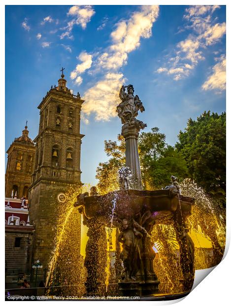 Arcangel Fountain Zocalo Park Plaza Cathedral Sunset Puebla Mexi Print by William Perry