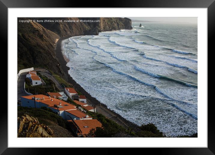 Waves on Praia da Arrifana. Framed Mounted Print by Boris Zhitkov