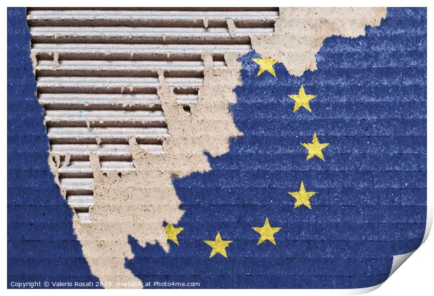 The EU flag on a ripped cardboard. Print by Valerio Rosati