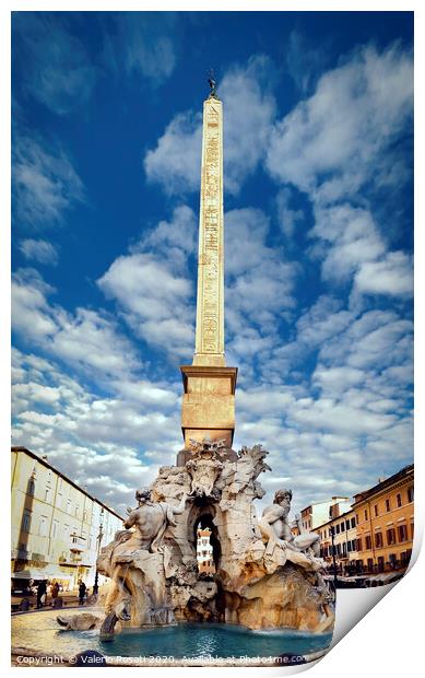 the fountain of the four rivers designed by Bernini in the center of Piazza Navona in Rome Print by Valerio Rosati