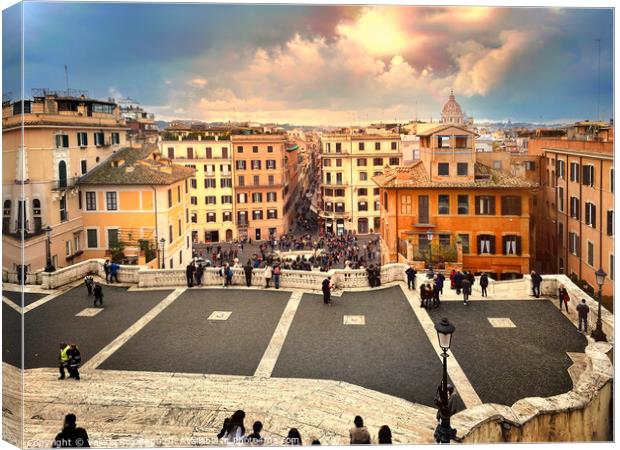 Panoramic view of Rome seen from the top of the Spanish Steps in Piazza di Spagna in a cloudy day. Canvas Print by Valerio Rosati