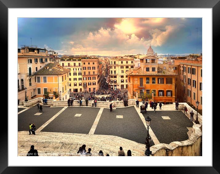 Panoramic view of Rome seen from the top of the Spanish Steps in Piazza di Spagna in a cloudy day. Framed Mounted Print by Valerio Rosati