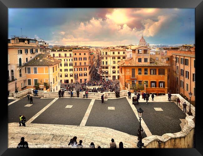 Panoramic view of Rome seen from the top of the Spanish Steps in Piazza di Spagna in a cloudy day. Framed Print by Valerio Rosati