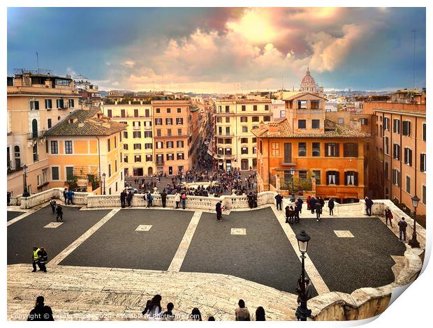 Panoramic view of Rome seen from the top of the Spanish Steps in Piazza di Spagna in a cloudy day. Print by Valerio Rosati