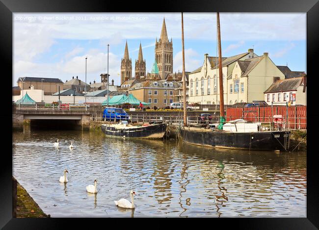 Swans and Cathedral Spires in Truro Framed Print by Pearl Bucknall