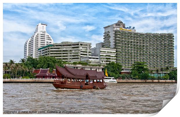 A tourist junk passing condominium towers on Chao Phraya river, Bangkok, Thailand. Print by Peter Bolton