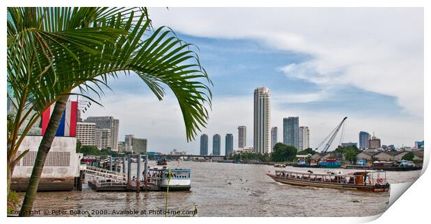 A view of ferries and landing stages on the Chao Phraya River, Bangkok, Thailand. Print by Peter Bolton